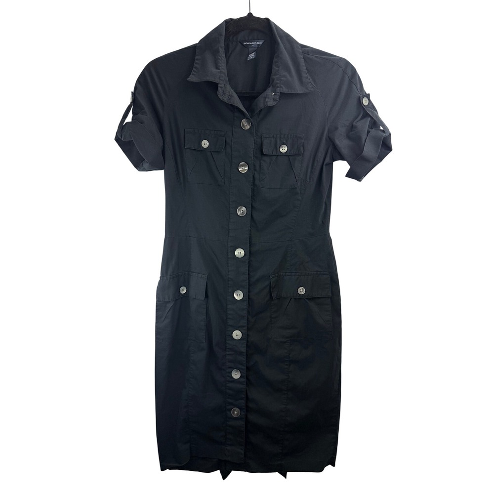 Banana Republic Black Utility Shirt Dress Short Sleeve Button Front Waist Tie Sm